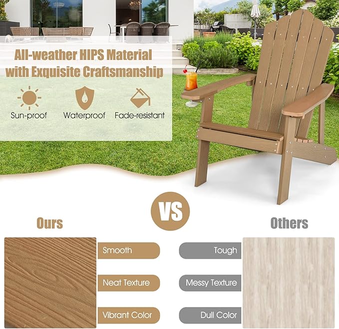 Giantex Outdoor Adirondack Chair - Oversized Patio Chairs w/Hidden Cup Holder, Realistic Wood Grain, 380 LBS Weight Capacity, Weather Resistant Firepit Chairs for Backyard, Garden (1, Teak)