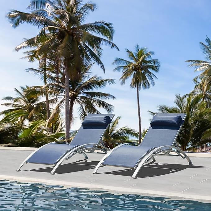 Domi Pool Lounge Chairs Set of 2, Adjustable Aluminum Outdoor Chaise Lounge Chairs, All Weather for Deck Lawn Poolside Backyard -Blue Textilene