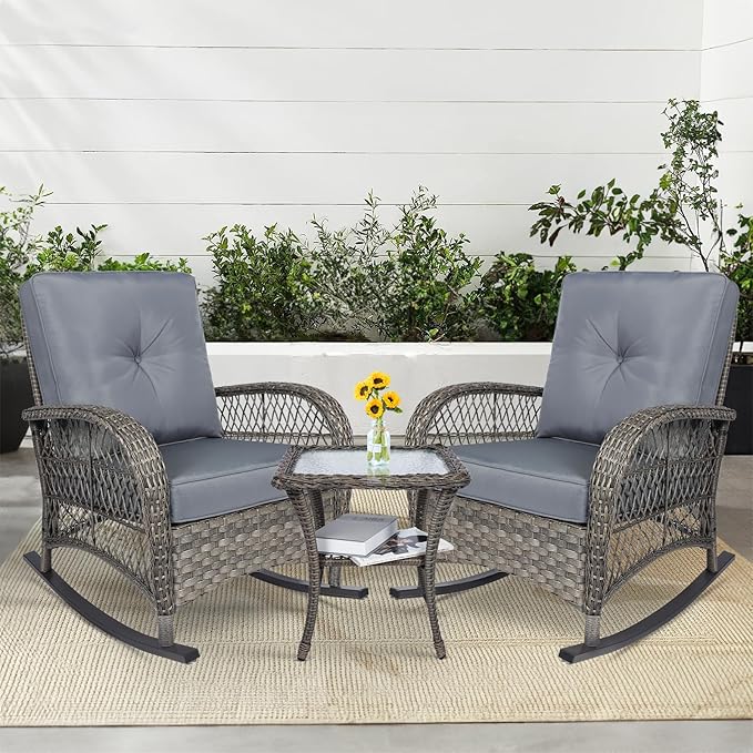 MEETWARM 3 Pieces Outdoor Wicker Rocking Chair Set - Photo 1