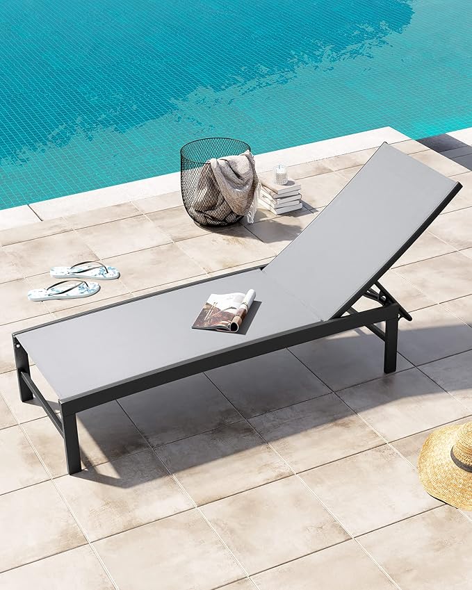 Crestlive Products Outdoor Lounge Chairs, Aluminum Pool Chaise Lounge Chairs, Adjustable Five-Position Tanning Recliner, All Weather for Patio, Beach, Yard, Pool (1PC Light Gray)