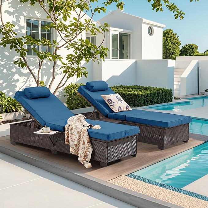 Outdoor Lounge Chairs, Pool Lounge Chairs Set of 2, Outdoor Chaise Lounge with Adjustable Backrest & Cup Holder - Photo 3