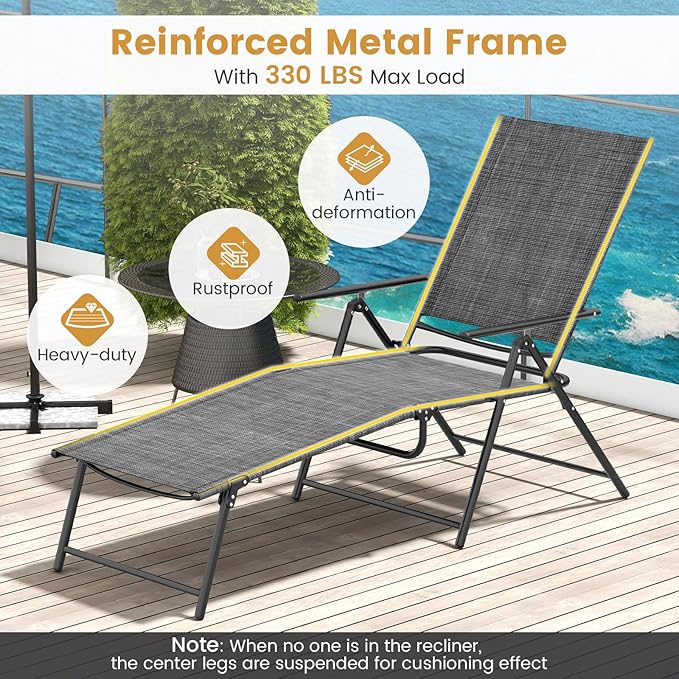 Tangkula Outdoor Lounge Chairs Set of 2, Patio Folding Chaise Recliner with 6-Level Backrest - Photo 8
