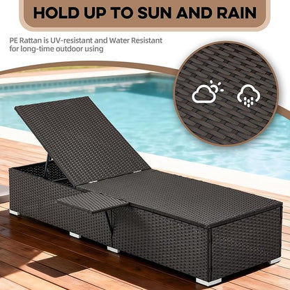 Outdoor Chaise Lounge with Adjustable Backrest Set of 2, 6-Position Reclining Lounger Pool Chair, Thick 3-Inch Cushion & Side Tray, All-Weather PE Wicker for Outdoor, Backyard, Deck (Blue)