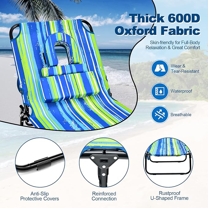 Goplus Tanning Chair, Folding Beach Lounge Chair with Face Hole, Removable Pillow, Carry Strap, Position Adjustable, Sunbathing Chair, Portable Outside Lounge Chair for Patio Pool
