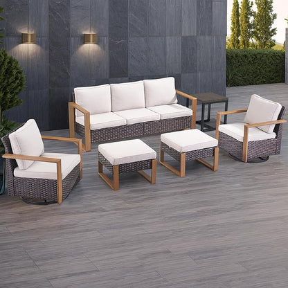 Rilyson Outdoor Wicker Patio Furniture Set - 6 Piece Patio Conversation Set with 2 Wicker Swivel Rocker Chairs,2 Rattan Ottoman,1 Side Table and 1 Couch,Thick Cushions,Deep Seating(Brown/Beige)