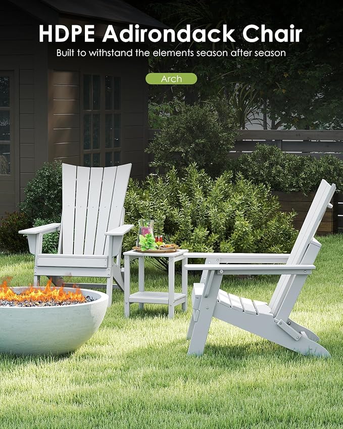 GREENVINES Folding-Adirondack-Chairs-Set-of-2 | HDPE Plastic | Arch Series | Fire Pit Chair | All Weather | for Outdoor Patio Deck Backyard Poolside | White