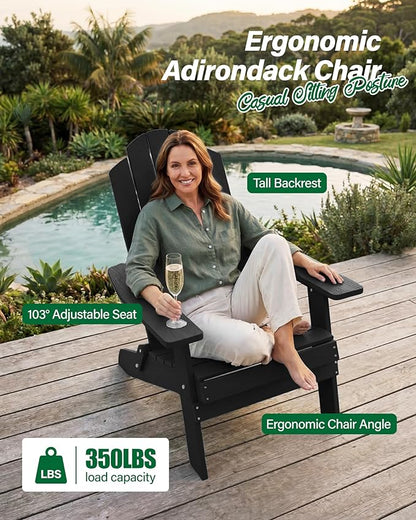 MXIMU Folding Adirondack Chair for Outdoor: Easy to Assemble and Comfortable Adirondack Chairs Set of 2 - All Weather Composite Plastic Chair for Outside Fire Pit Patio Lawn Garden Backyard Use(Black)
