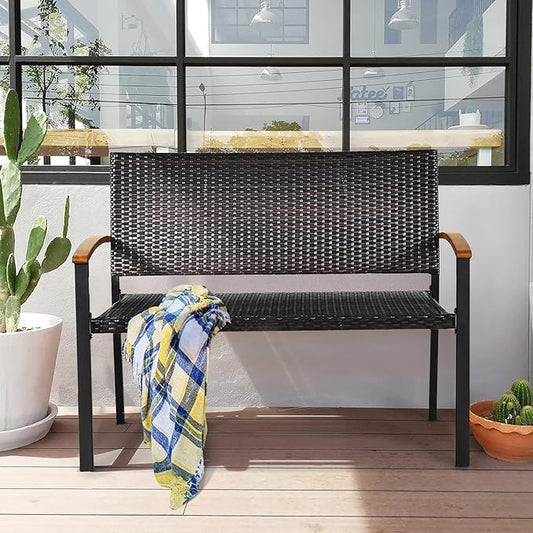 Tangkula 2 Pieces Patio Wicker Bench, All Weather Rattan Bench w/Acacia Wood Armrest, Outdoor Loveseat Chair, Lightweight Patio Stackable Dining Bench for Front Porch, Backyard, Garden, Pool, Deck