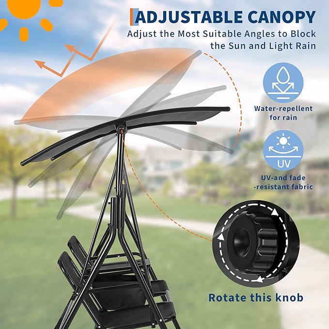 Porch Swing with Cup Holders & Pivot Storage Table & Cooler Bag with Adjustable Canopy for 2 Person Patio Swing for - Photo 2