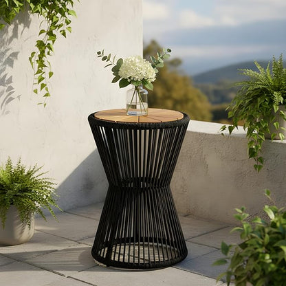 Merax Bohemian Round Outdoor Side Table with Acacia Wood Top and Black Handwoven Rope Base, Elegant Hourglass Design Patio Coffee Table for Garden, Pool, Deck, Balcony, Yard, 25.8" Height, No Assembly