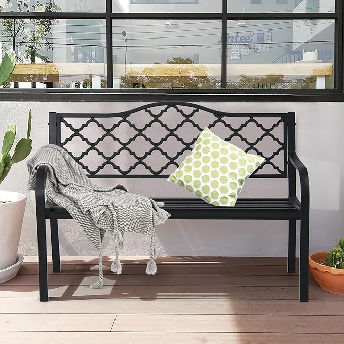 Tangkula Outdoor Steel Garden Bench, Patio Park Bench w/Iron Casted Seat, Armrest & Backrest - Photo 5