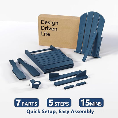 Outdoor Folding Adirondack Chair Set of 1 for Patio Fire Pit, Wooden Textured HDPE Adjustable Chairs with Cup Holder, Waterproof All Weather Resistant Plastic for Pool Lawn Garden Backyard(NavyBlue)