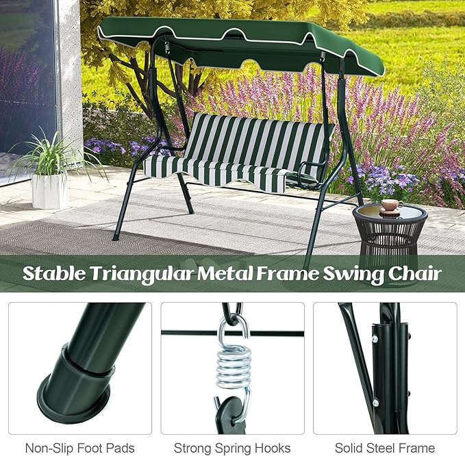 Tangkula 3 Person Porch Swing, Patio Swing with Removable Cushion & Powder-Coated Steel Frame - Photo 7