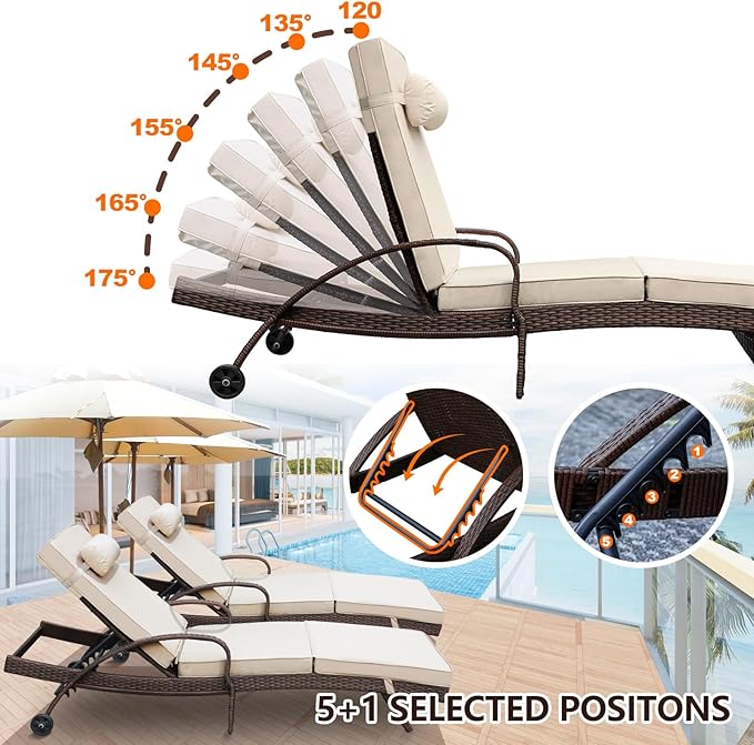 NOBLEMOOD Outdoor Lounge Chairs Set of 6 Beach Wicker Chaise Lounge with Wheels, Cushion, Adjustable Backrest and Pillow for Outside Pool Sun Shelf Tanning Bathing (Khaki)