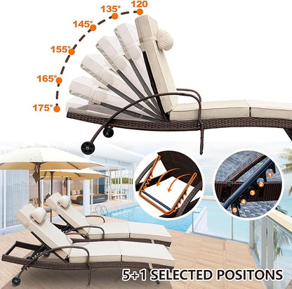 NOBLEMOOD Outdoor Lounge Chairs Set of 4 Beach Wicker Chaise Lounge with Wheels, Cushion, Adjustable Backrest and Pillow for Outside Pool Sun Shelf Tanning Bathing (Khaki)