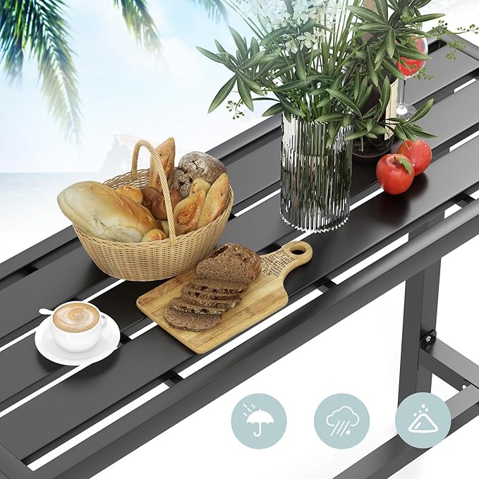 COSTWAY Outdoor Bar Table 55-inch Wide, Narrow Counter Height Dining Table with Waterproof Top and Heavy-Duty Metal Frame, Rectangular Pub Table for Garden Patio Backyard Poolside, Black