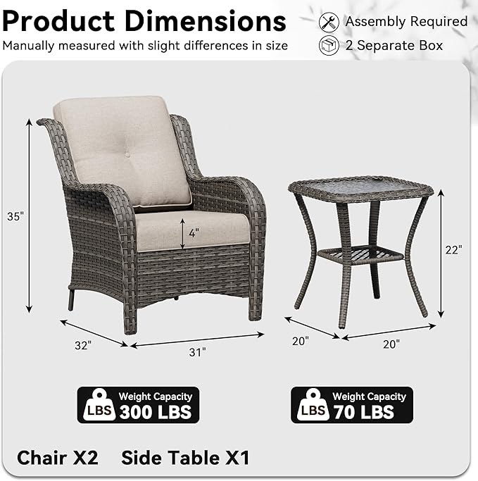 3 Pieces Outdoor Wicker Patio Furniture Set - Patio Chairs Set with Thickened Olefin Cushions - Photo 2