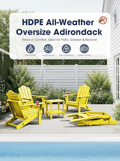 KINGYES Adjustable Folding Adirondack Chair Set of 2, 3-Position Reclining Adirondack Chairs with Cup Holder, HDPE All-Weather Oversized Adirondack for Outdoor, Patio, Backyard Deck, Fire Pit, Yellow