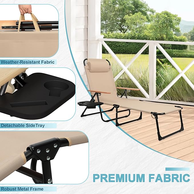 Outdoor Chaise Lounge Chair with 4-Position Adjustable Backrest, Patio Folding Sun Tanning Chair, Pillow & Cup Holder, Portable Recliner Sunbathing Lounger Chairs for Pool Beach Lawn Garden (Beige)