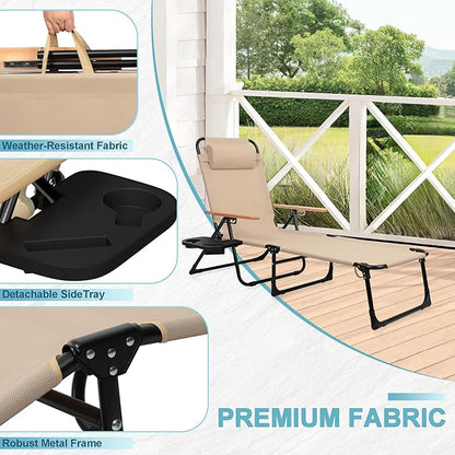 Outdoor Chaise Lounge Chair with 4-Position Adjustable Backrest, Patio Folding Sun Tanning Chair, Pillow & Cup Holder, Portable Recliner Sunbathing Lounger Chairs for Pool Beach Lawn Garden (Beige)