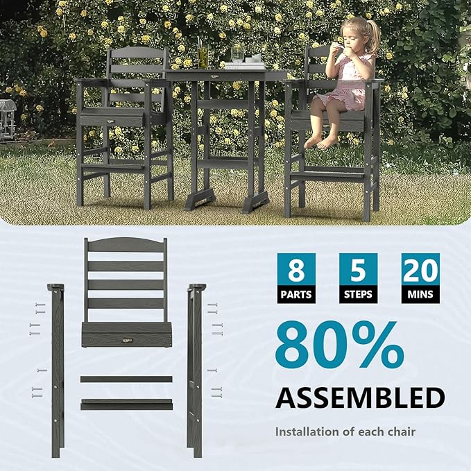 VINGLI Outdoor Bar Stools Set of 2, HDPE All-Weather Patio Bar Height Chairs Heavy-Duty Tall Adirondack Chairs for Backyard, Porch, Balcony and Poolside (Gray)