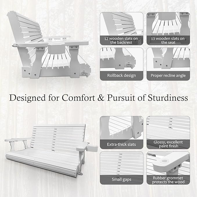 Wooden Porch Swing 2-Seater, Bench Swing with Cupholders, Hanging Chains and 7mm Springs, Heavy Duty 800 LBS - Photo 4