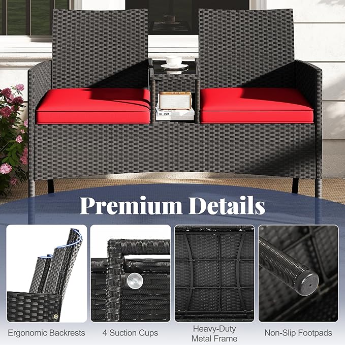 Tangkula Patio Loveseat with Built-in Table, Wicker 2-Seat Furniture with Soft Cushions & Tempered Glass Tabletop, Metal Frame Outdoor Conversation Seating Bench for Backyard, Porch