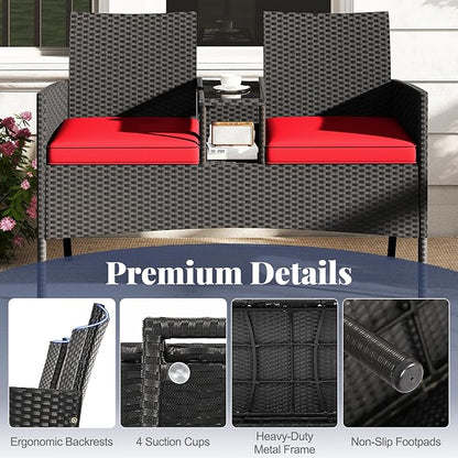Tangkula Patio Loveseat with Built-in Table, Wicker 2-Seat Furniture with Soft Cushions & Tempered Glass Tabletop, Metal Frame Outdoor Conversation Seating Bench for Backyard, Porch