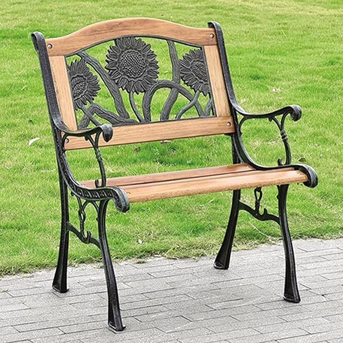 Outdoor Garden Bench, Weatherproof Park Bench, 1-Person Patio Bench with Backrest, Wood & Cast Iron - Photo 1