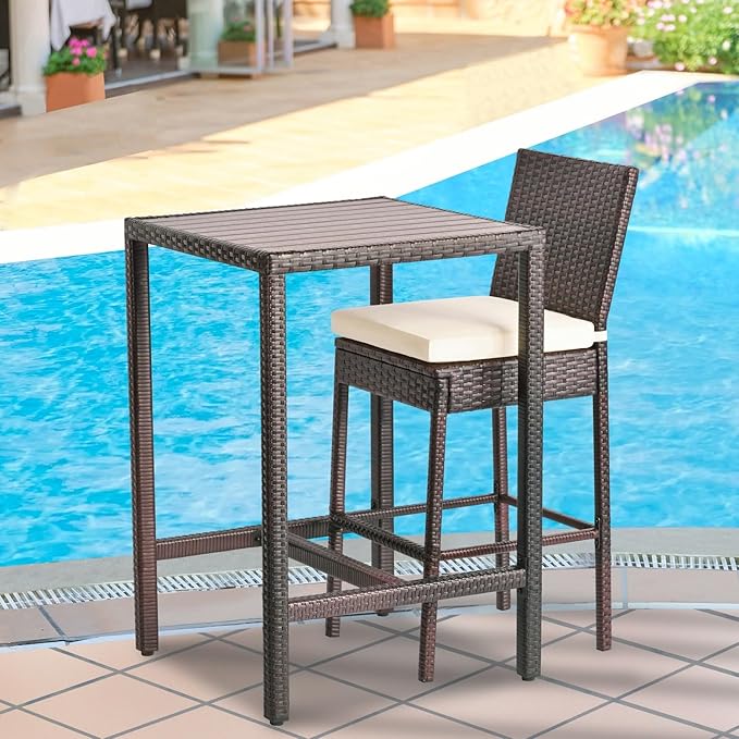 Outdoor Bar Table Patio Bar Height Bistro Table 39" Tall Outdoor High Top Square Pub Patio Table Wicker Rattan Metal Dinning Bar Table with Adjustable Feet for Balcony Outside Pool Deck Backyard Brown