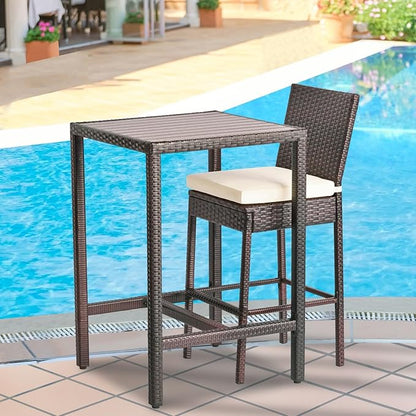 Outdoor Bar Table Patio Bar Height Bistro Table 39" Tall Outdoor High Top Square Pub Patio Table Wicker Rattan Metal Dinning Bar Table with Adjustable Feet for Balcony Outside Pool Deck Backyard Brown