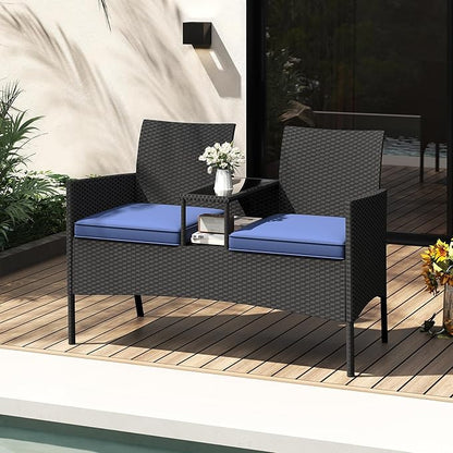Tangkula Patio Loveseat with Built-in Table, Wicker 2-Seat Furniture with Soft Cushions & Tempered Glass Tabletop, Metal Frame Outdoor Conversation Seating Bench for Backyard, Porch
