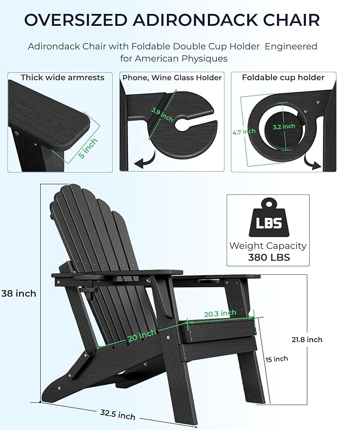 Oversized Adirondack Chair with Dual Cup Holders, Ergonomic High Back HDPE Fire Pit Chair, 380lbs Capacity All-Weather Outdoor Patio Lounge Chair for Garden, Deck, Yard - Black