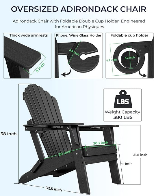 Oversized Adirondack Chair with Dual Cup Holders, Ergonomic High Back HDPE Fire Pit Chair, 380lbs Capacity All-Weather Outdoor Patio Lounge Chair for Garden, Deck, Yard - Black