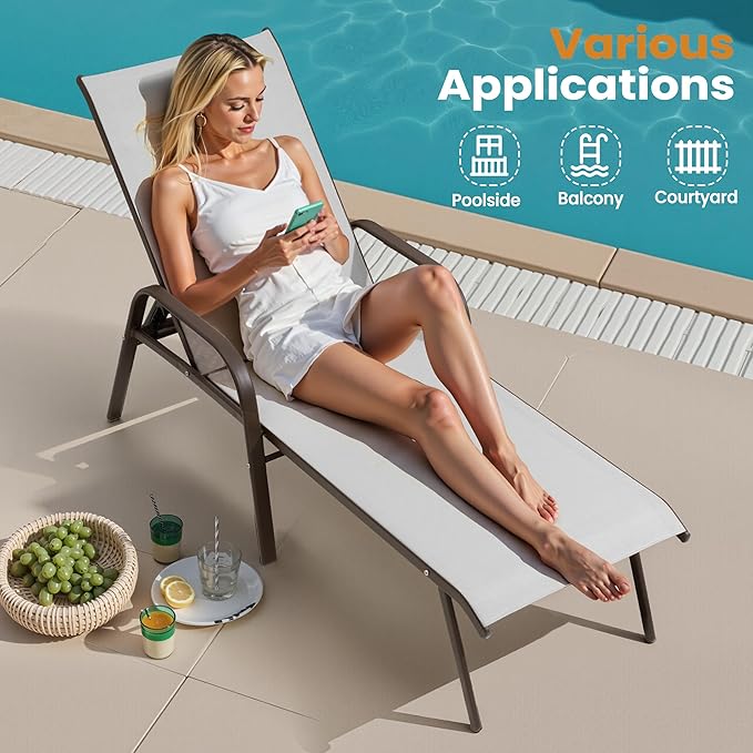 Crestlive Outdoor Chaise Lounge Chair,5-Position Pool Lounge Chairs with Armrests Sunbathing Recliner for Patio,Beach,Deck,Yard (4PC Brown)