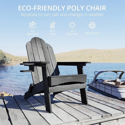 LUE BONA Folding Adirondack Chair Set of 6, Black HDPS Fire Pit Patio Chairs Weather Resistant, Modern Plastic Outdoor Chairs with Cup Holder