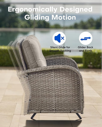 5 Pieces Patio Furniture Set-Outdoor Rocking Chairs Set of 2 Outdoor Glider Bench with Wicker Outdoor Coffee Table for Deck Lawn Porch Balcony Poolside-Grey/Grey
