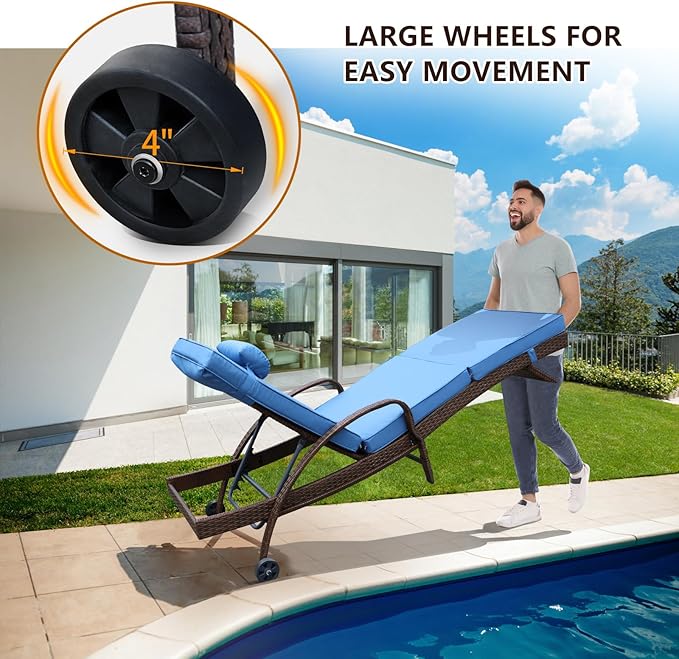 NOBLEMOOD Outdoor Lounge Chairs Set of 6 Beach Wicker Chaise Lounge with Wheels, Cushion, Adjustable Backrest and Pillow for Outside Pool Sun Shelf Tanning Bathing (Blue)
