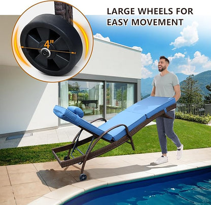 NOBLEMOOD Outdoor Lounge Chairs Set of 2 Beach Wicker Chaise Lounge with Wheels, Cushion, Adjustable Backrest for Outside Pool Sun Shelf Tanning Bathing (Blue)