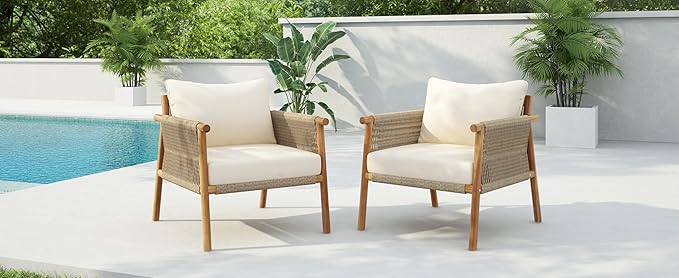 Christopher Knight Home Posey Modern Patio Wooden Club Chair with Rope Woven Armrest&Backrest, Outdoor Lounge Chair with Weather-Resistant Removable Cushions, Deep Seating Accent Chair, Teak+Beige