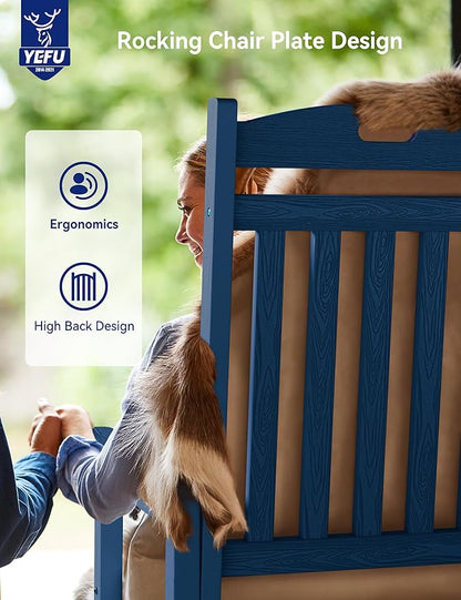 YEFU Outdoor Rocking Chair Porch: Outdoor Patio Rocking Chairs-Oversized Rocker Chair-All Weather Poly Rocker Lawn Chairs for Adult-Seat Area 22"x21"-Backrest Height 31"-380lbs Weight Capacity-Navy