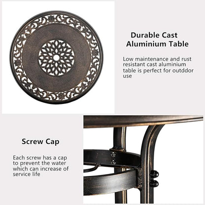 VINGLI 32" Outdoor Bar Table, Patio Bar Height Table with Umbrella Hole, Round High Top Table, Cast Aluminum Tall Outdoor Table Bistro Table for Balcony, Patio (Bronze)