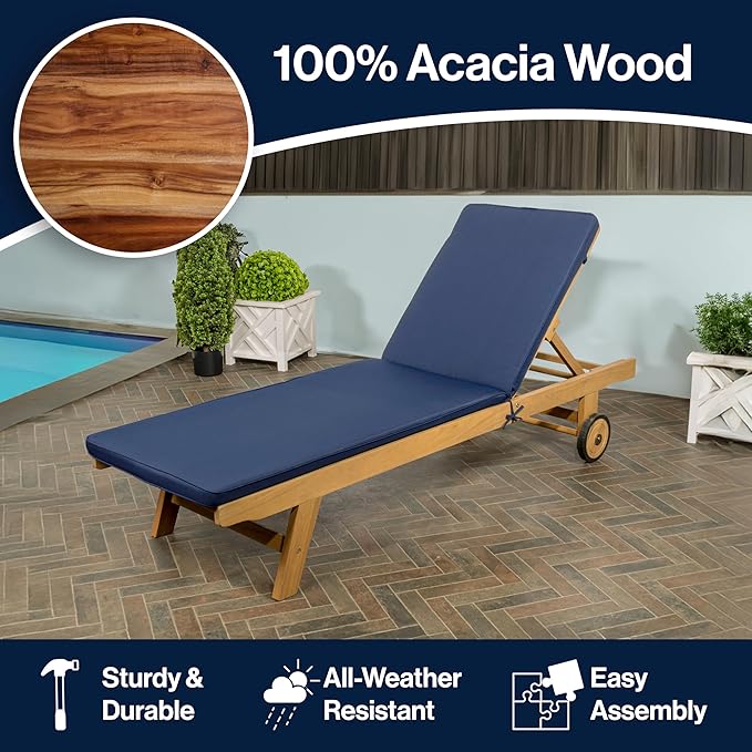 JONATHAN Y LNG1000B Mallorca 77.56"x23.62" Modern Classic Adjustable Acacia Wood Chaise Outdoor Lounge Chair with Cushion & Wheels Coastal, Bohemian, Minimalist, Traditional, Navy/Natural