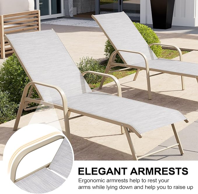 Crestlive Products Chaise Lounge Chair Outdoor with Armrests, Pool Lounge Chairs Set of 2, Aluminum Adjustable 5 Positions Sun Tanning Lounger for Patio, Poolside, Yard, Deck, Backyard (Mix Color)