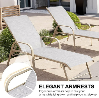 Crestlive Products Chaise Lounge Chair Outdoor with Armrests, Pool Lounge Chairs Set of 2, Aluminum Adjustable 5 Positions Sun Tanning Lounger for Patio, Poolside, Yard, Deck, Backyard (Mix Color)
