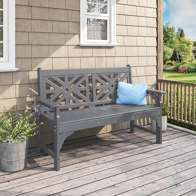 Oversized Outdoor Bench Set of 2, 51.5” HDPE Aesthetic Garden Bench with Cup Holders, Memorial Benches - Easy Assembly & All Weather, for Porch & Patio, 800lbs Load Capacity (Grey)