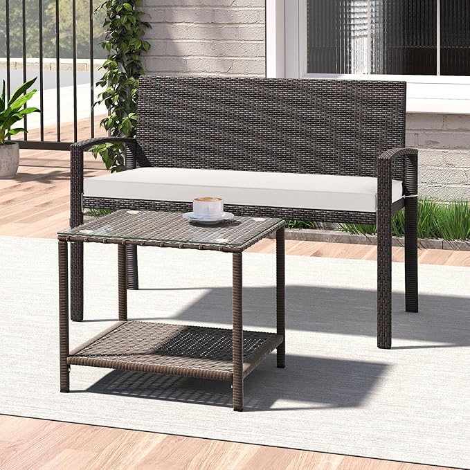 Byroce Outdoor Rattan Bench, Patio Loveseat with Backrest, Armrest & Removable Cushion, Upholstered Wicker Love Seat Furniture for Balcony, Backyard, Porch & Garden, Rustic Brown
