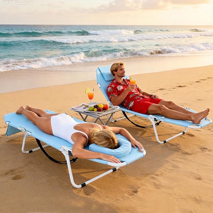 LILYPELLE Folding Chaise Lounge Chair with Mattress, 5 Position Beach Chair with Face Hole, Patio Chaise Lounge Chairs for Outside, Sunbathing, Camping, Pool, Beach, Poolside