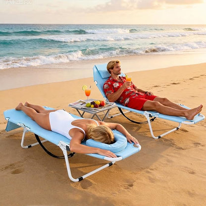LILYPELLE Folding Chaise Lounge Chair with Mattress, 5 Position Beach Chair with Face Hole, Patio Chaise Lounge Chairs for Outside, Sunbathing, Camping, Pool, Beach, Poolside