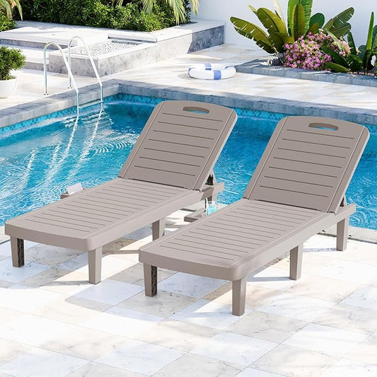 Outdoor Chaise Lounge Set of 2, 5-Position Adjustable Sun Lounge w/Pull-Out Tray, Waterproof PP Lounge Chairs for Outside, Lounge Chairs for Poolside, Patio, Beach, Yard in All Weather,Grey